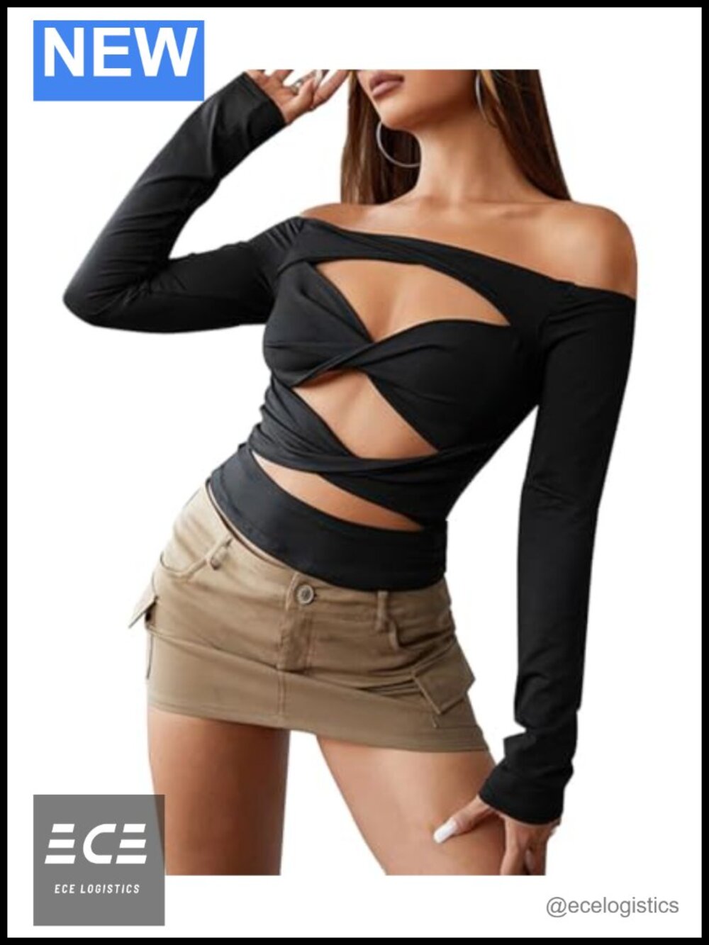 Women Cutout Long Sleeve Ruched Bodycon Crop Top Halter Blouse